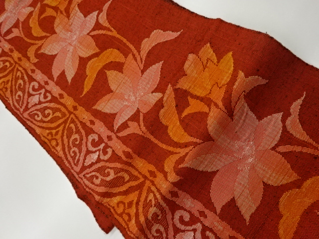 手織り紬花唐草模様織出し名古屋帯